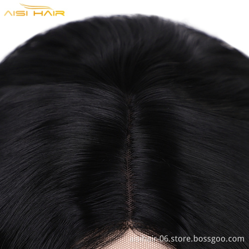 Aisi Top Quality Short Wavy Bob Wigs For Black Women Middle Part Synthetic Lace Black Wigs Wholesale Price